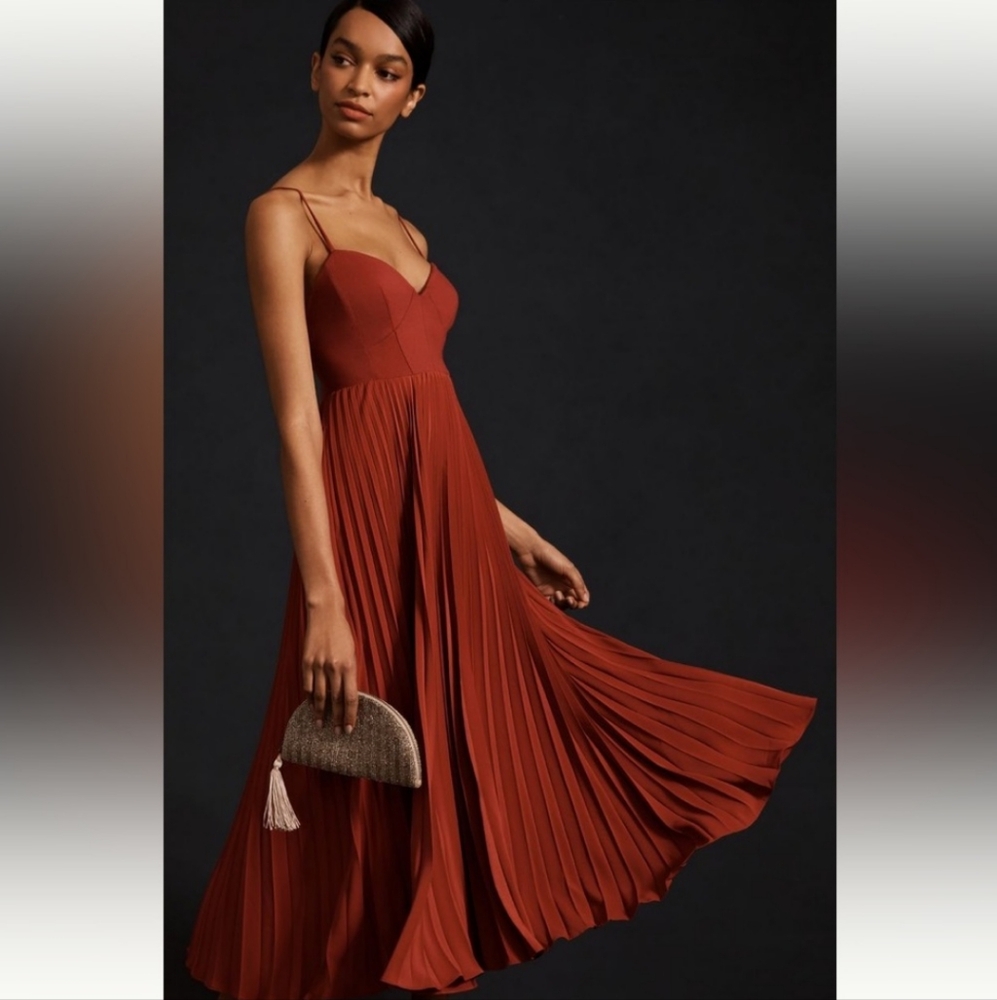 Anthropologie Terracotta Pleated Midi Dress